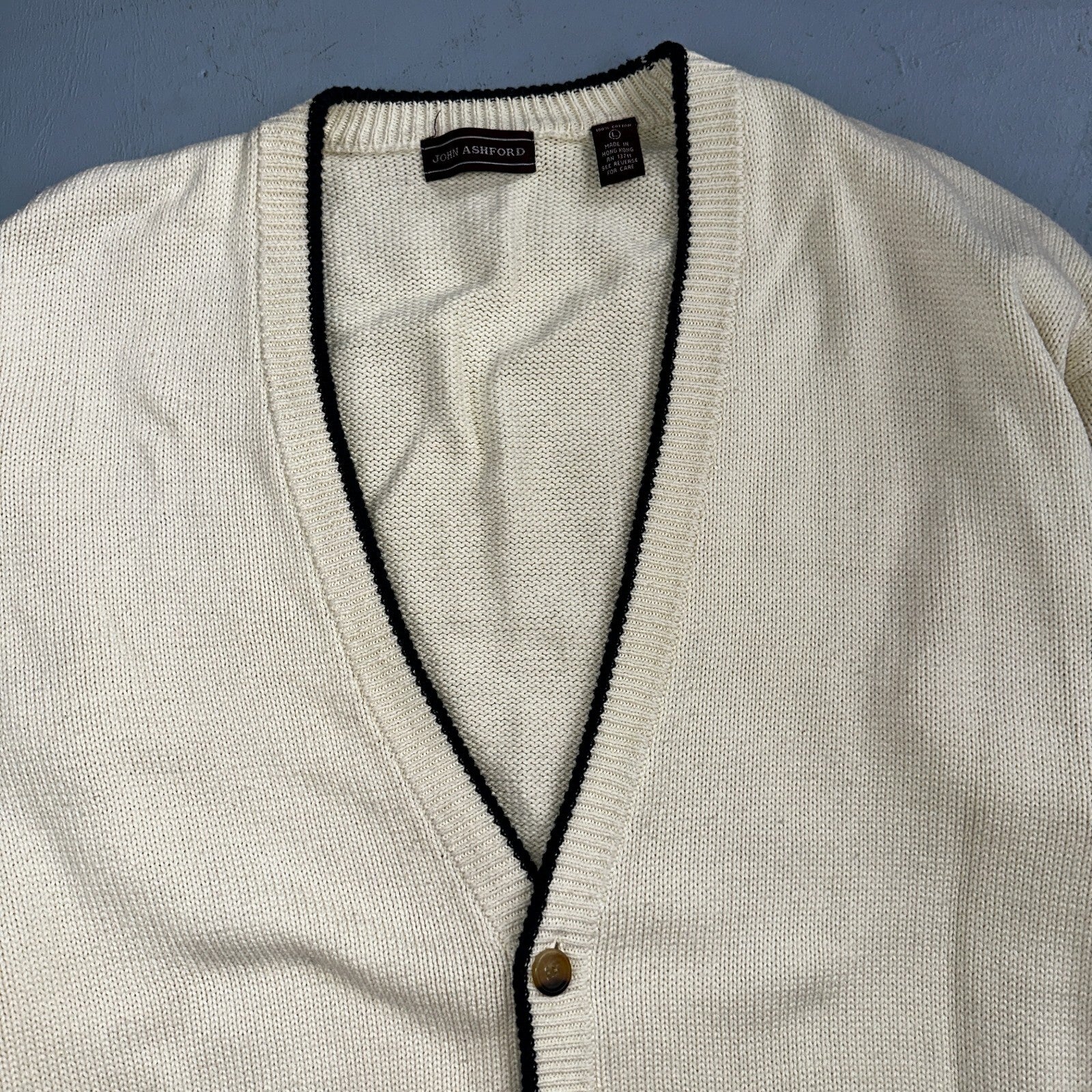VTG John Ashford Pure 100% Cotton Cardigan Sweater Size Large Ivory White