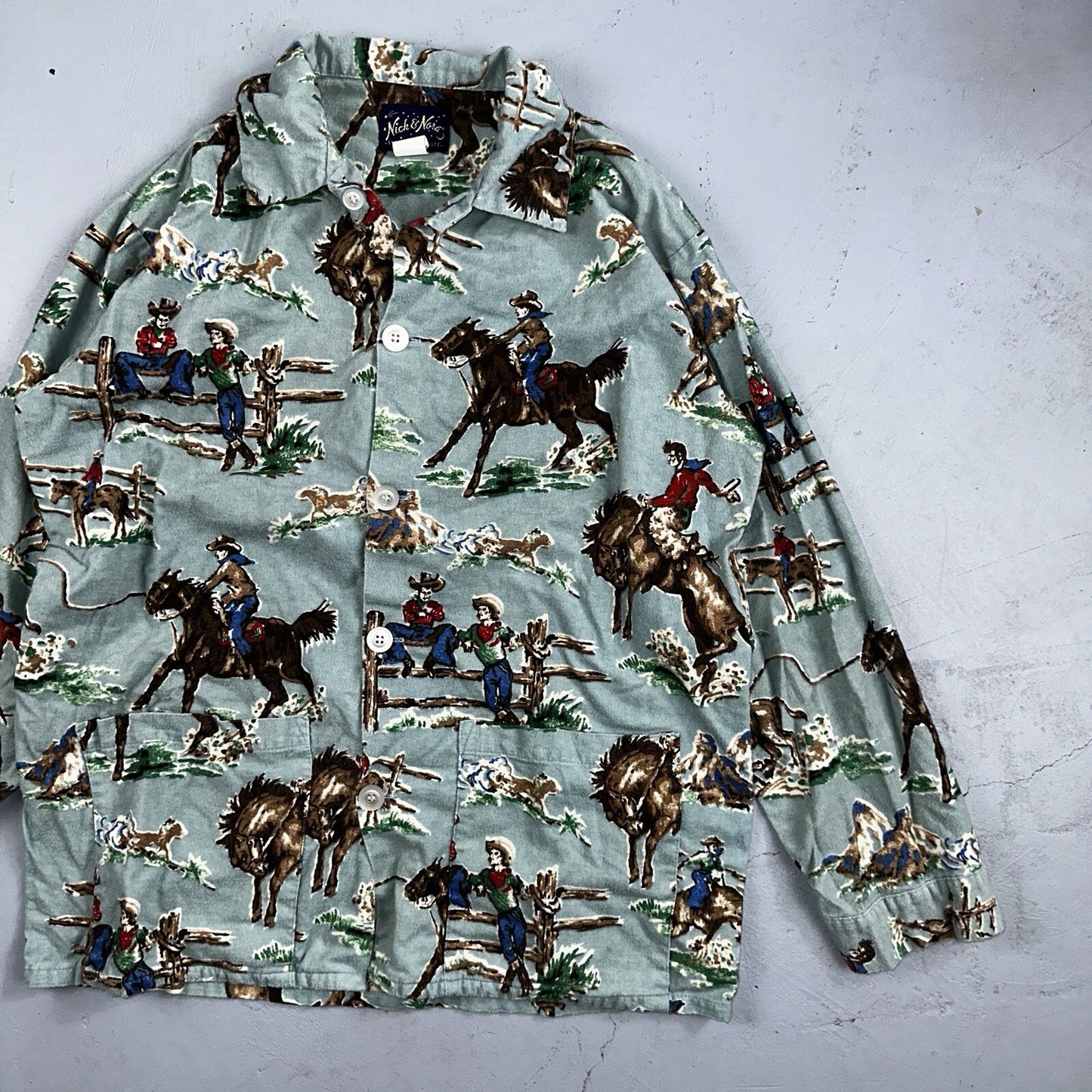 Nick & Nora Cowboy Pajama Shirt M Green Flannel Kurt Cobain USA 90s Nirvana T