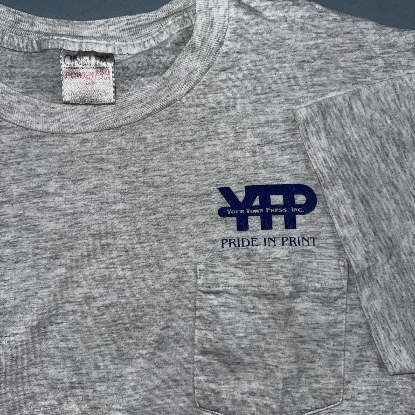 Oneita Pride In Print Designer VTG T Shirt Thrashed Hole Gray Pocket Chest Print