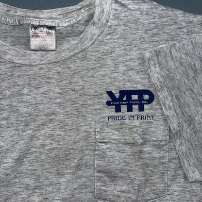 Oneita Pride In Print Designer VTG T Shirt Thrashed Hole Gray Pocket Chest Print