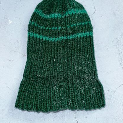 VTG 70s Wool Hand Knit Winter Beanie Hat OSFM Rockabilly Warm Grunge Basic Green