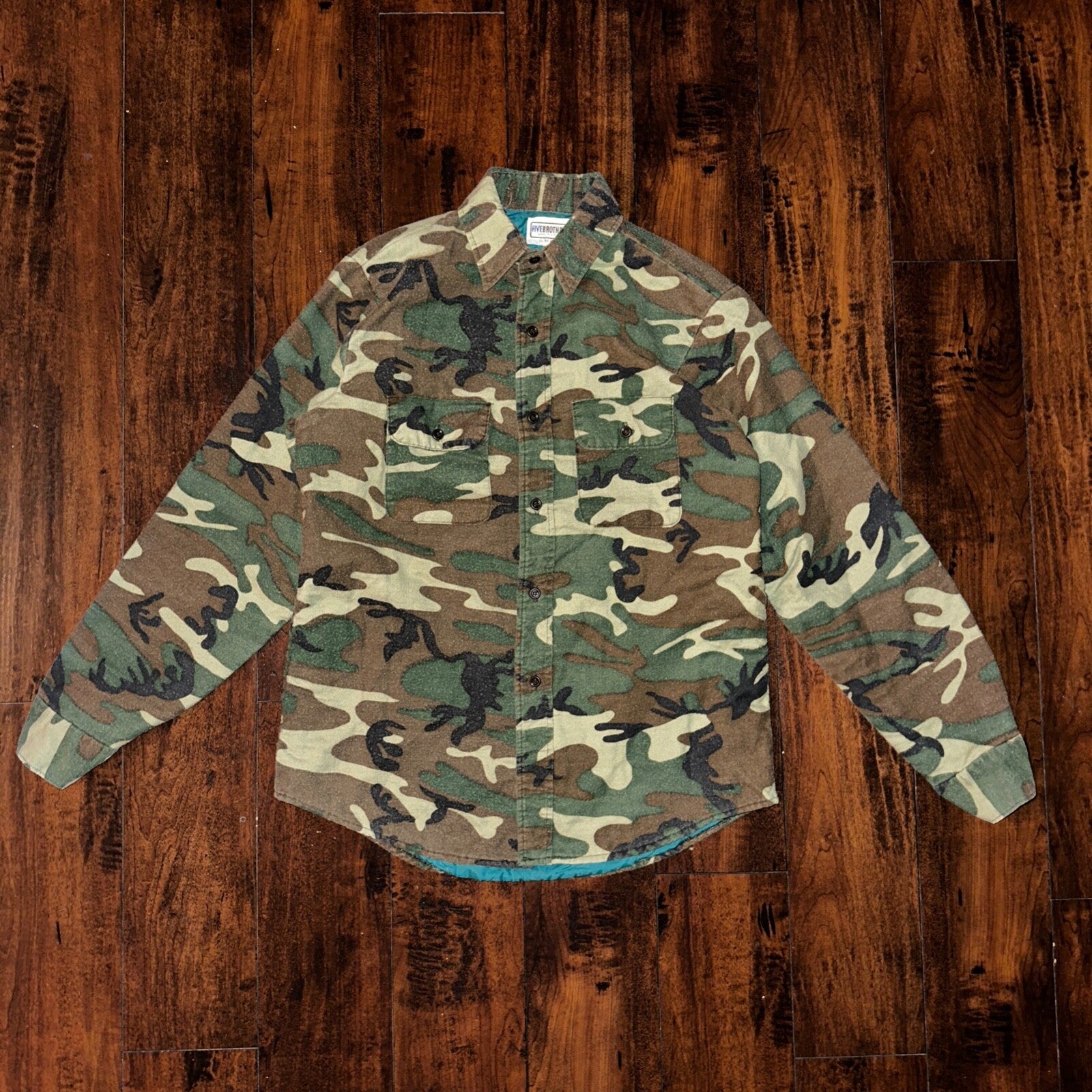 VTG 70s Five Brother Shirt Mens M Green Flannel Woodland Camo Made In USA 80s