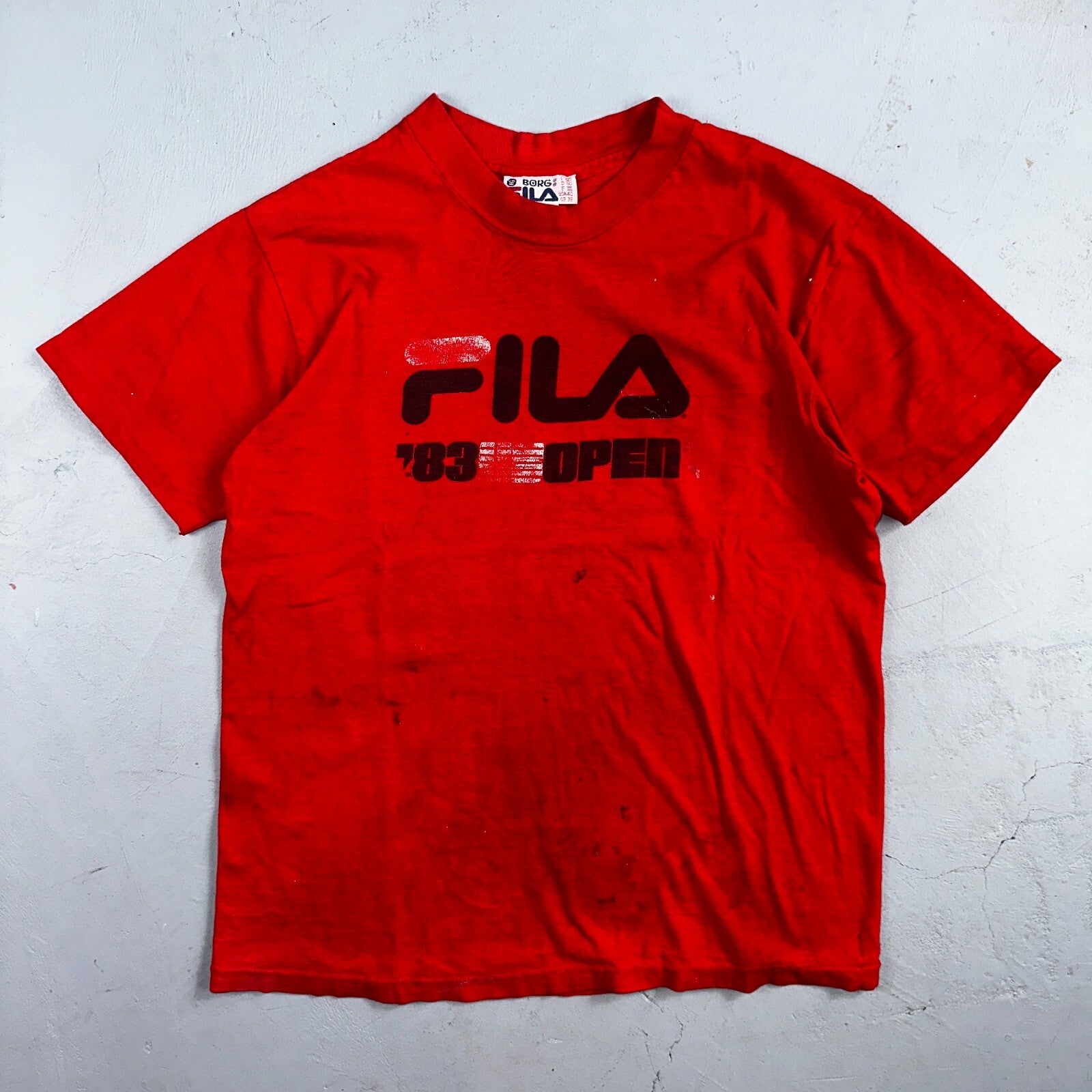 FILA 1983 Open VTG T Shirt USA Tennis Borg 80s Rare Red Graphic Print Sports