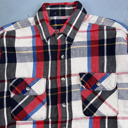 Vintage Five Brother Shirt Mens L Plaid Flannel Made in Black Red 1970s 70s