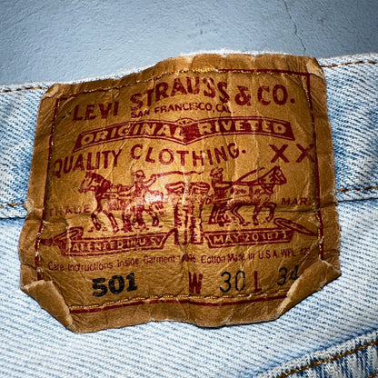 Levis 501 Vintage 90s USA XX Straight Leg Jeans Blue Light Wash 30x34 Act 28x29