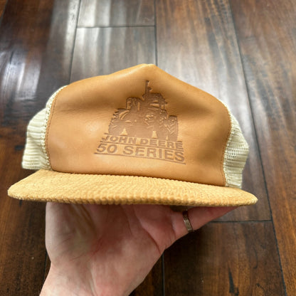 John Deere 50 Series VTG Hat Cap Snapback 90s Leather Corduroy Brown