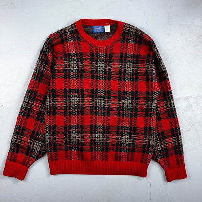 Pendleton VTG 100% Wool Sweater Mens L Plaid Red Oregon USA Preppy Christmas