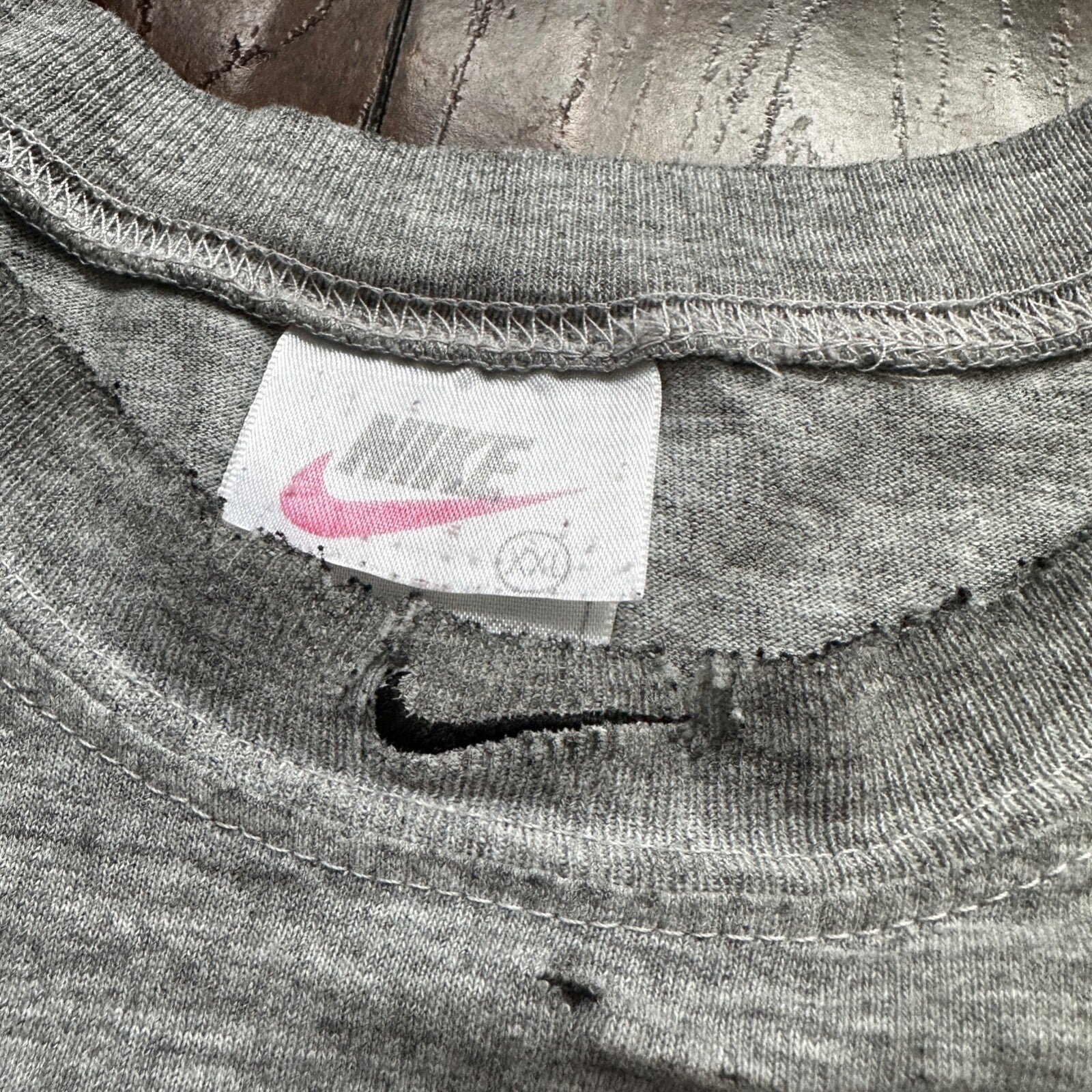 Nike Trashed Center Swoosh Vintage T Shirt 90s Basic Grey Gym Rat Stained