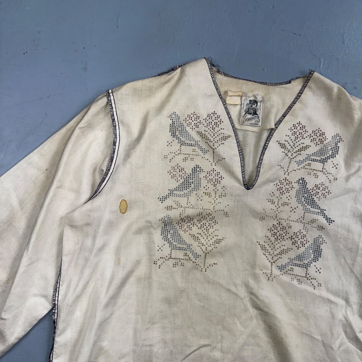 VTG 70s Kennington Cool Breeze Bird Linen Beach Shirt Sheer Unisex Stained