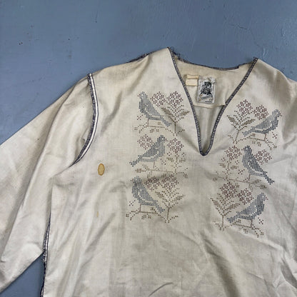 VTG 70s Kennington Cool Breeze Bird Linen Beach Shirt Sheer Unisex Stained