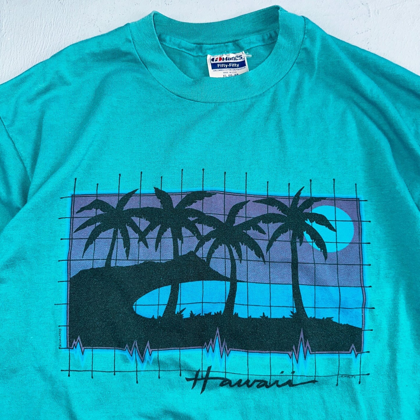 Hawaii Graphic Grid 80s Hanes VTG T Shirt 1980s Single Stitch Palm Trees Tropic