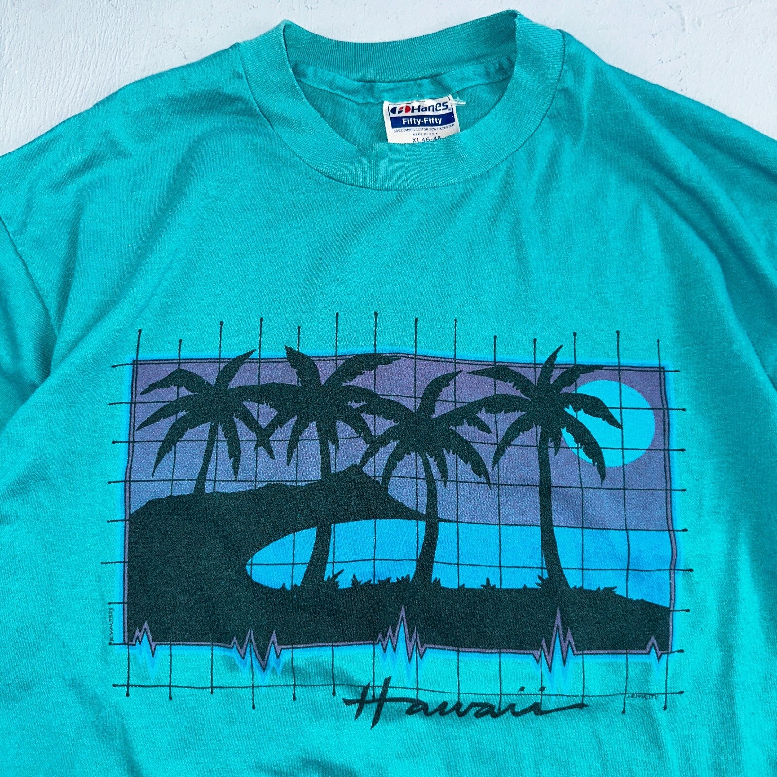 Hawaii Graphic Grid 80s Hanes VTG T Shirt 1980s Single Stitch Palm Trees Tropic