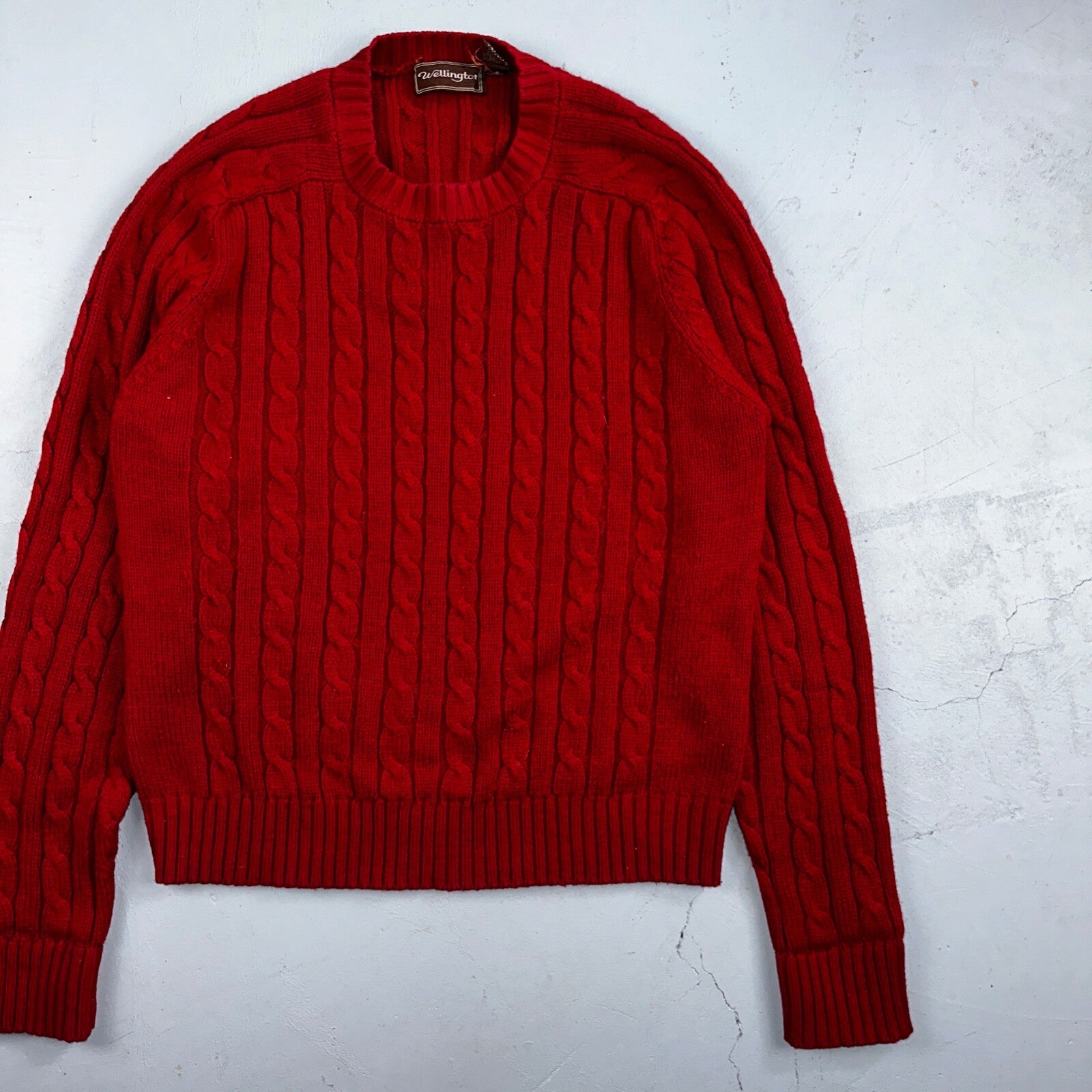 Vintage Wellington Acrylic Sweater XL Mens 80s Crewneck Red Cable Knit Fisherman