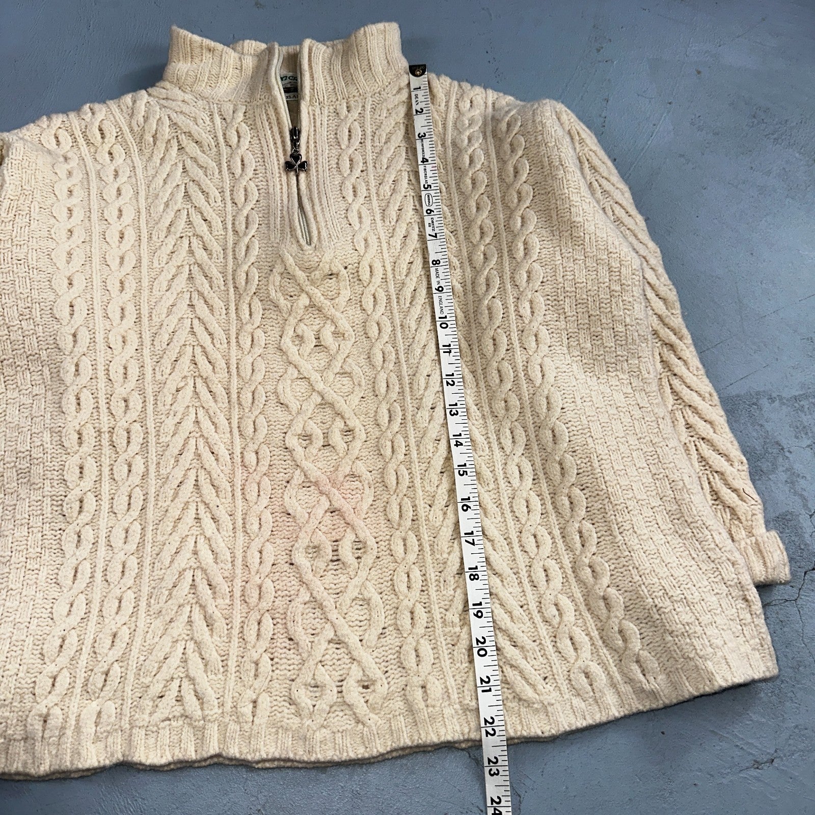 Aran Crafts Ireland Ivory Merino Wool Cable Knit Fisherman Sweater XL 1/4 VTG