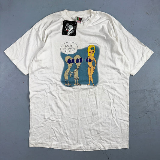 VTG Jim Benton NWT Staring At Us Aliens Bikini Shirt XL Funny Cartoon Pop Art