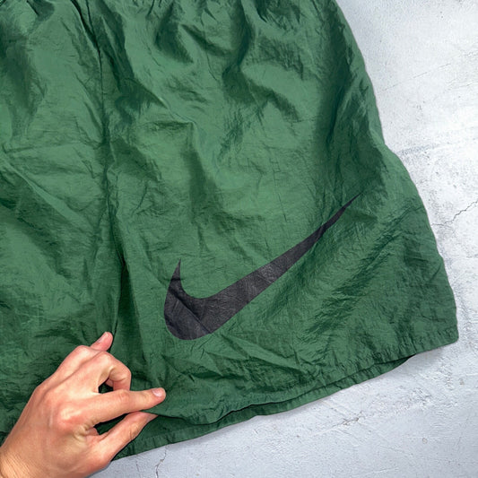 Nike Vintage Green Nylon Shorts Swoosh 2XL 90s White Tag 5” Inseam Running Swim