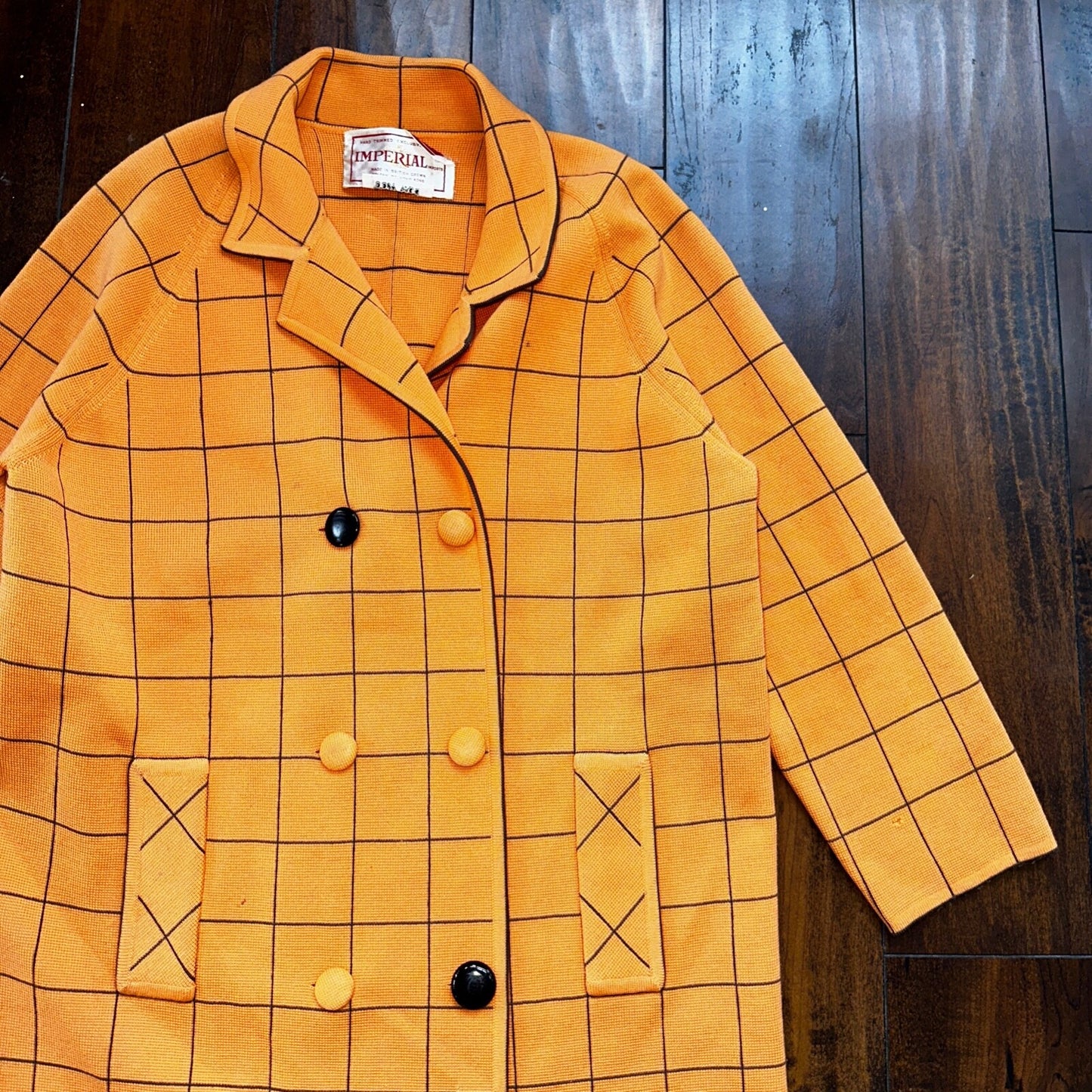 VTG 100% Wool Imperial Long Check Overcoat Womens Orange Rockabilly 1960s 70s