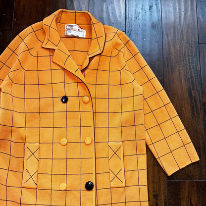 VTG 100% Wool Imperial Long Check Overcoat Womens Orange Rockabilly 1960s 70s