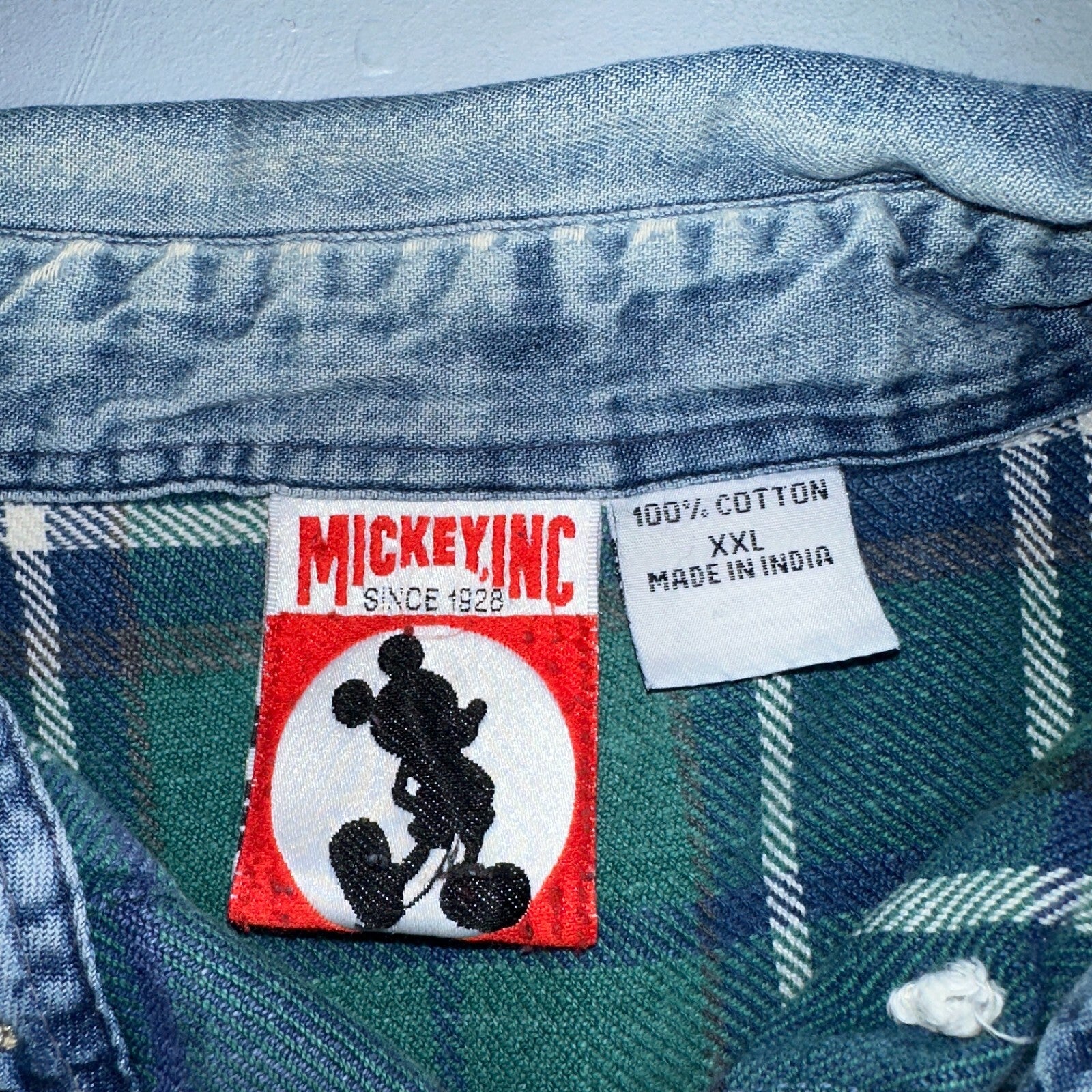 Vintage 90s Disney Mickey 2XL Blue Green Plaid Flannel Shirt Embroidered Pocket