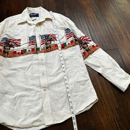 VTG Wrangler Men's Pearl Snap Western Rodeo Cowboy Ranch Shirt XL Flags USA RARE