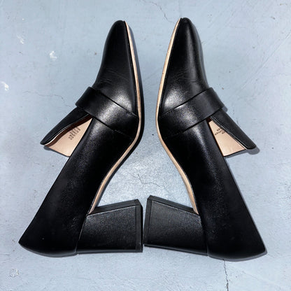 Kate Spade Alia Black Block Heel Pump 9.5 Leather Chunky Silver Tone Buckle