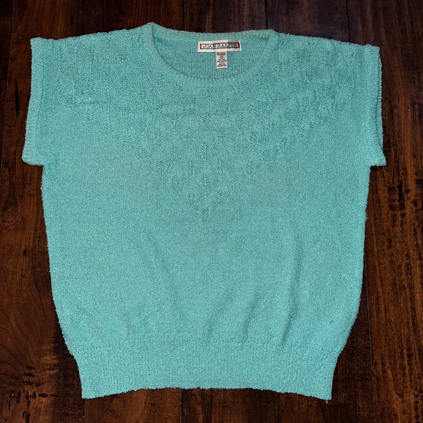 VTG Joan Harper Womens Sweater Large Blue Chunky Short Sleeve Cute Pattern Knit