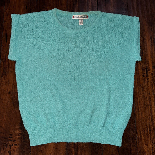 VTG Joan Harper Womens Sweater Large Blue Chunky Short Sleeve Cute Pattern Knit