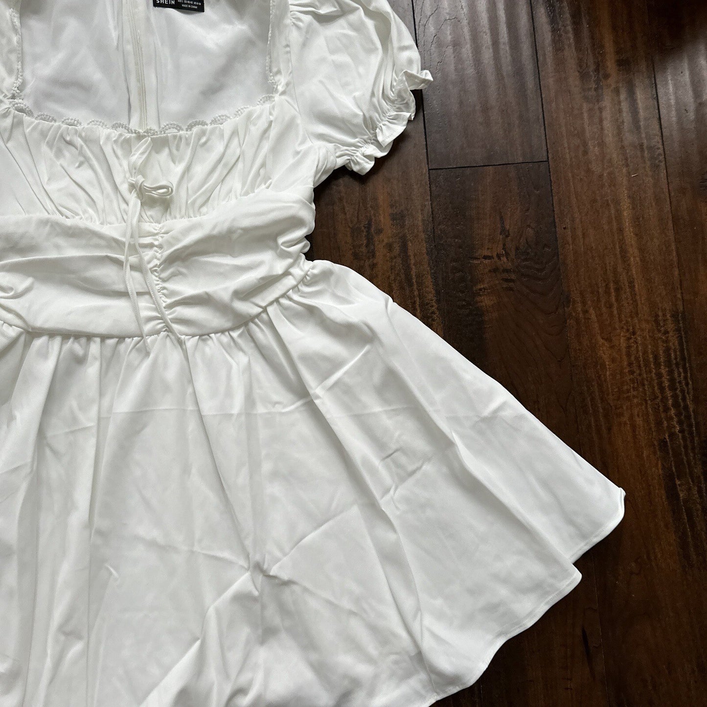 SHEIN MOD Ruched Bust Shirred Back Puff Sleeve Front Dress White Sexy Summer