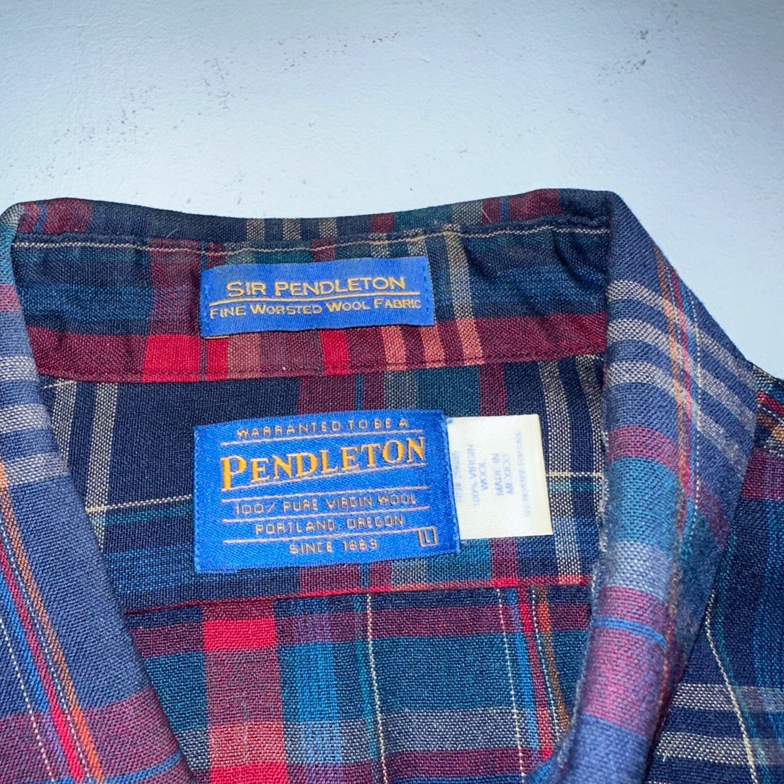 Sir Pendleton Shirt Mens Large Worsted Pure Virgin Wool Multicolor Plaid USA Red