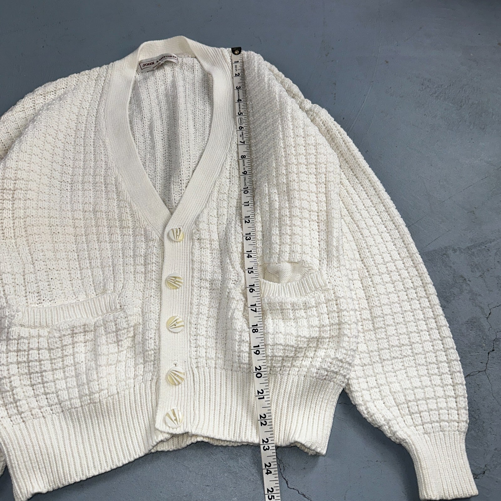 John Ashford USA VTG Sweater Mens Large Cardigan Button Front White Grandpa Core