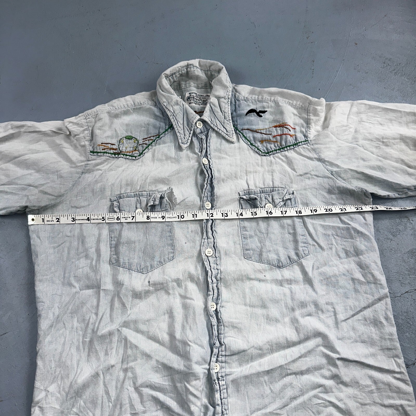 Vintage 70s Kmart Chambray Western Men’s Shirt Size L Embroidery Thrashed Rare