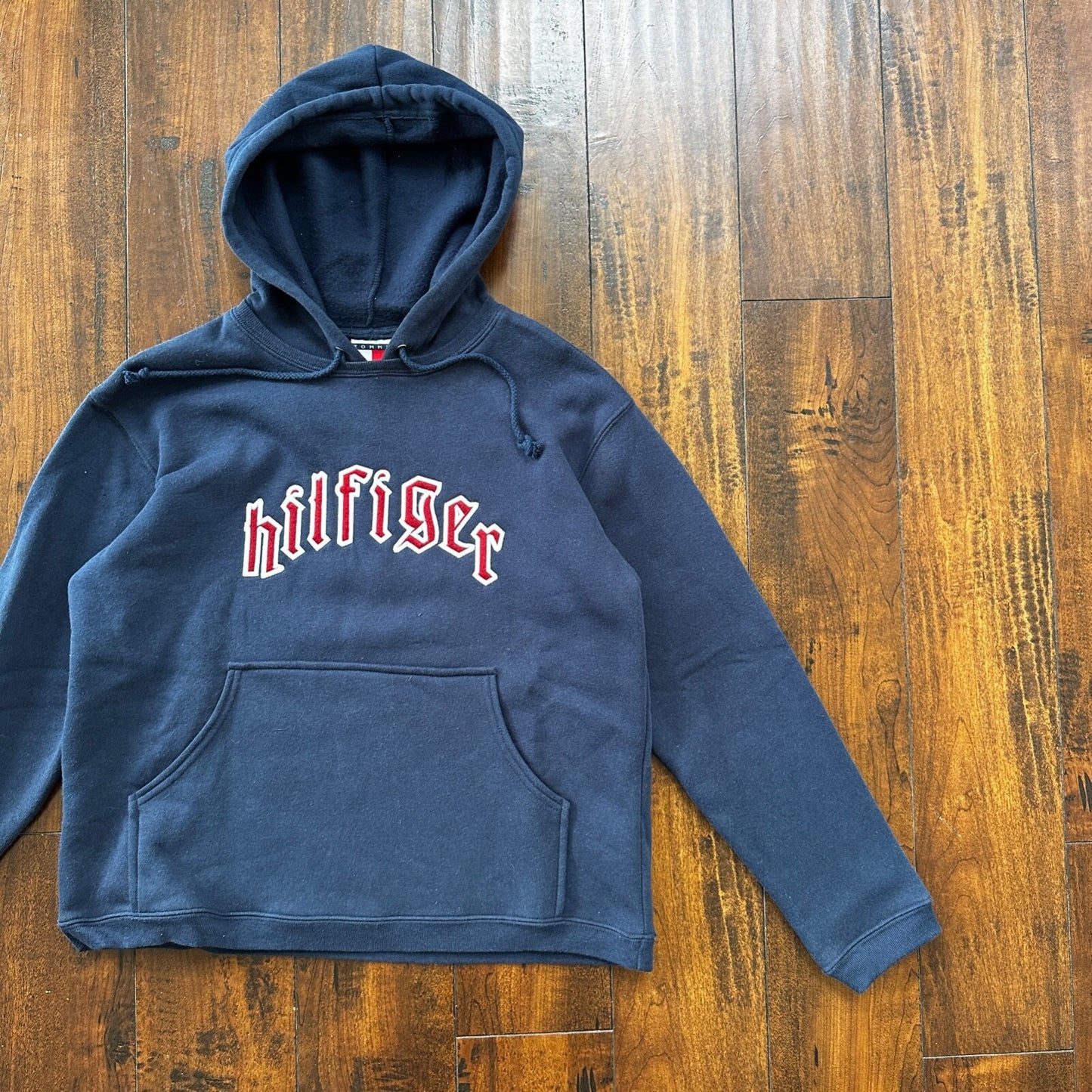 VTG Tommy Hilfiger Blue Pullover Hoodie Embroidered Size Small 90s Spellout