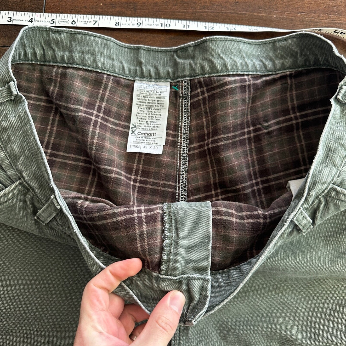 Carhartt Pants Men's 42X30 Flannel Lined Washed Duck VTG Fit B111-MOS Green