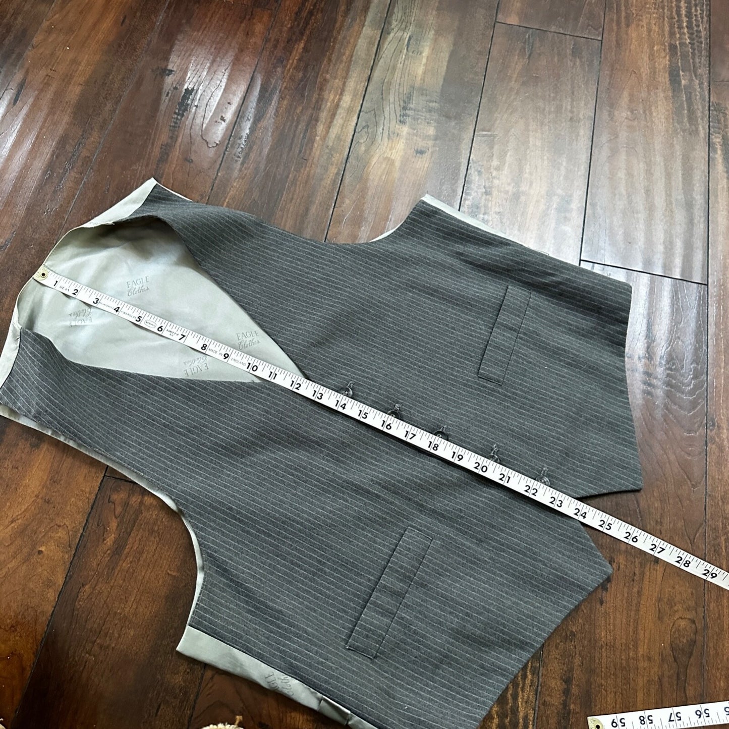 Vtg USA Eagles Pinstripe Mens Gray Wool 3 Pc Suit 42 Vest 33x30 1980s Vest