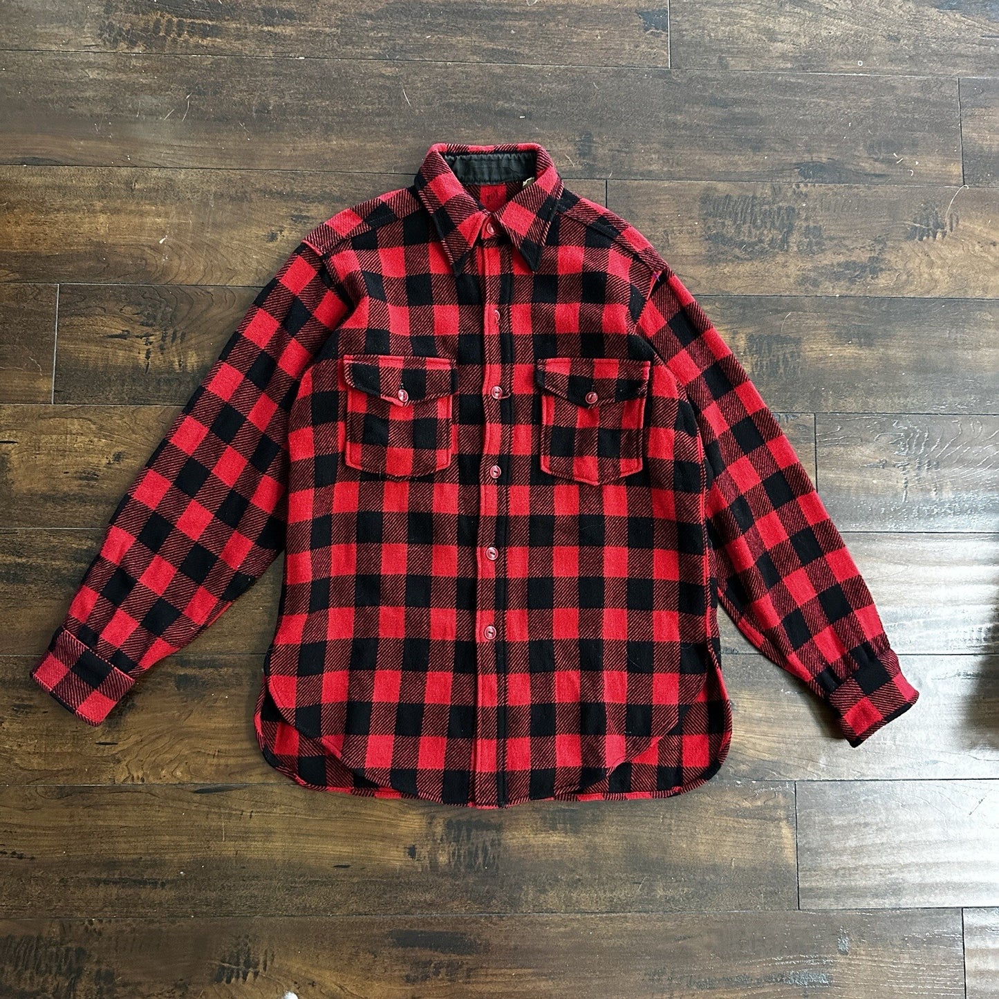 1950's vtg Buffalo Plaid Flannel L/S Jac Over Shirt Med Red Black 50s 60s Worn
