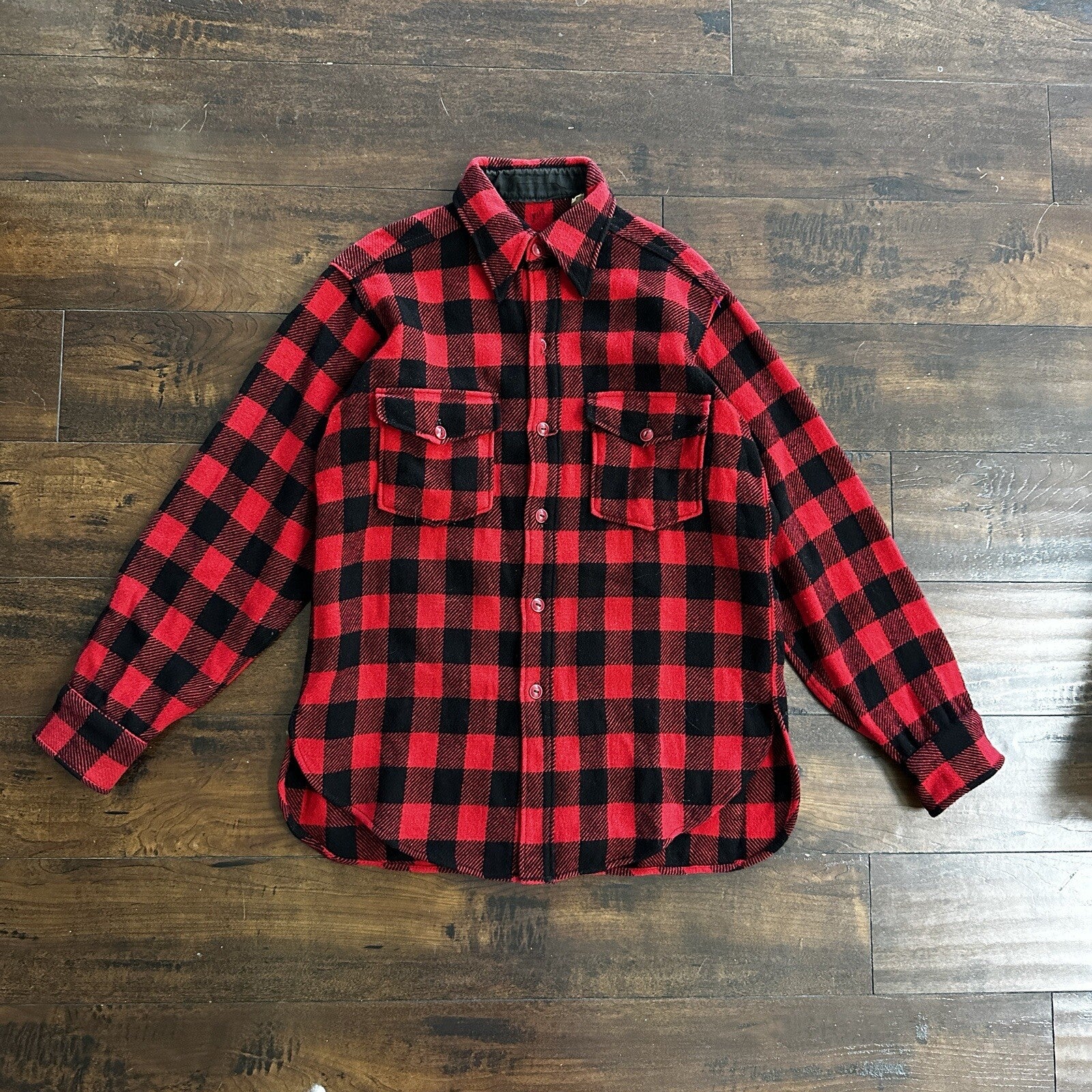 1950's vtg Buffalo Plaid Flannel L/S Jac Over Shirt Med Red Black 50s 60s Worn