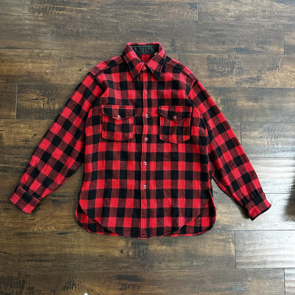 1950's vtg Buffalo Plaid Flannel L/S Jac Over Shirt Med Red Black 50s 60s Worn
