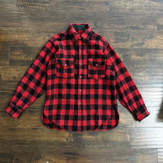 1950's vtg Buffalo Plaid Flannel L/S Jac Over Shirt Med Red Black 50s 60s Worn