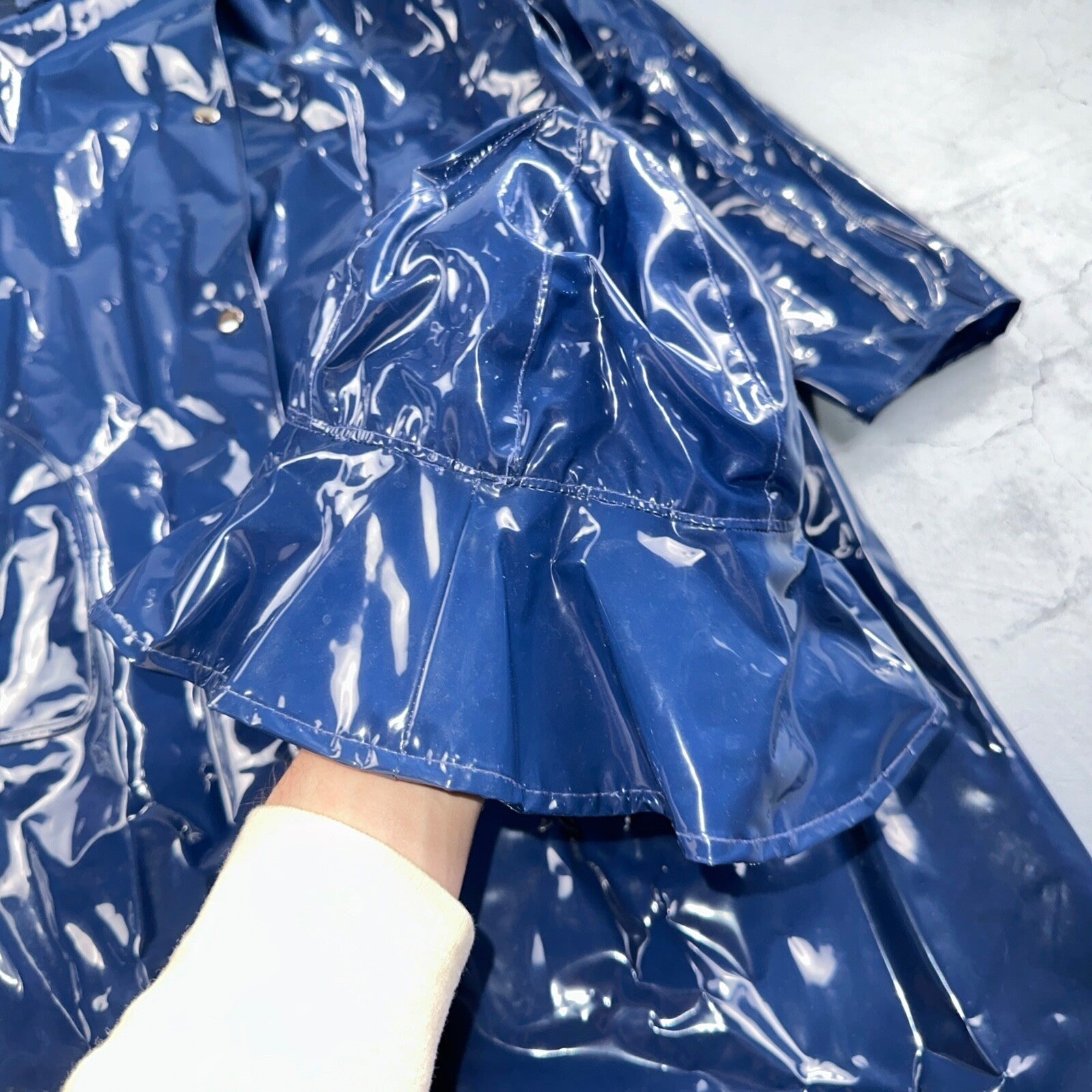 Liliput Womens Blue Trench Raincoat + Bucket Hat Polyester Rubber Vinyl 70s VTG