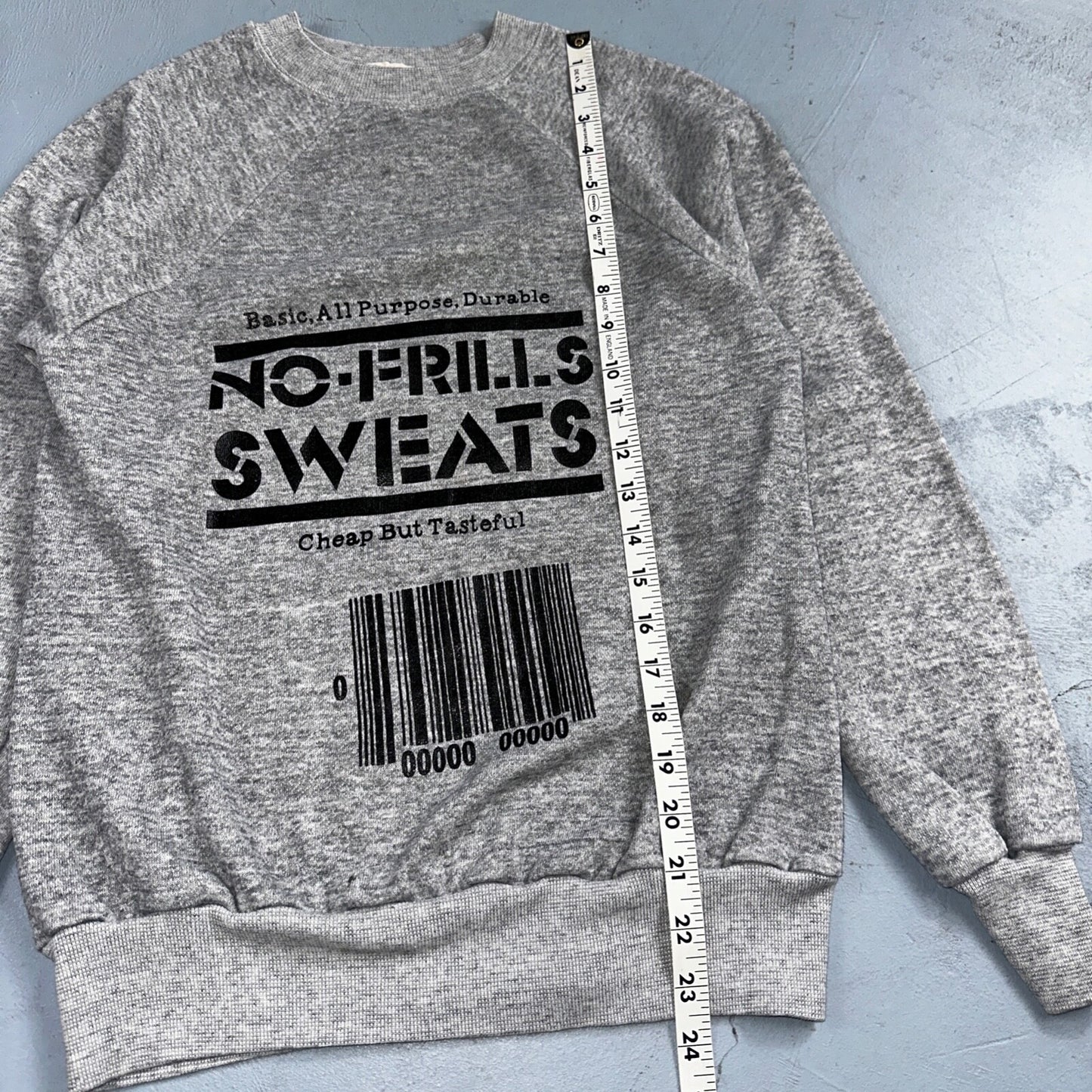 No Frills Sweat Sweatshirt 80s VTG Crewneck Gym Gray Barcode Raglan Jumper 1980s