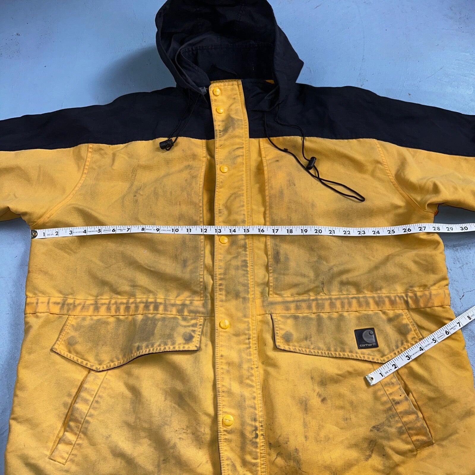 Carhartt C48 YLW Workwear Jacket Stains Mesh Lined Full Zip Hooded XL Yellow