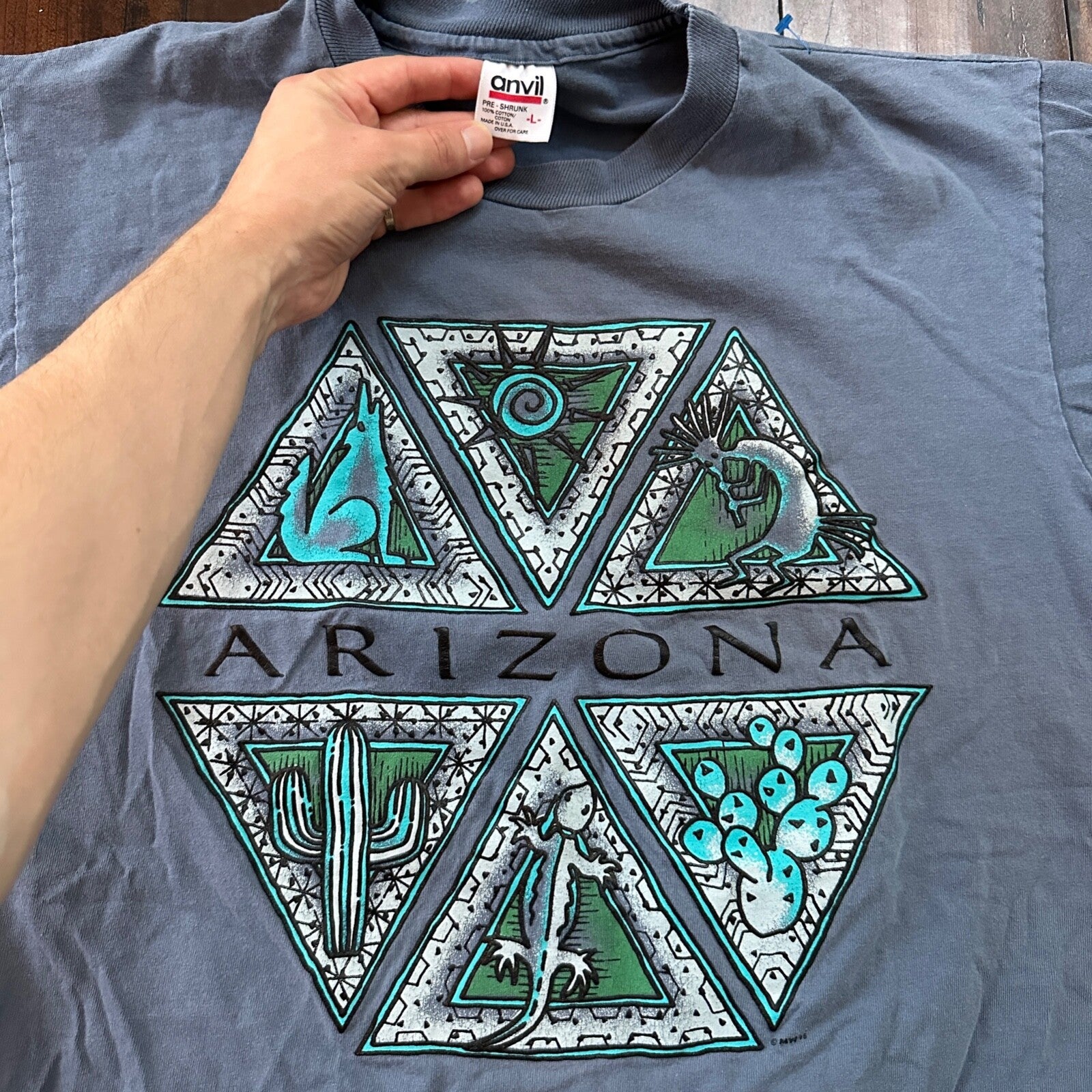 Arizona Anvil 90s Vintage T Shirt City Phoenix Travel USA Large Blue Lizard Sun