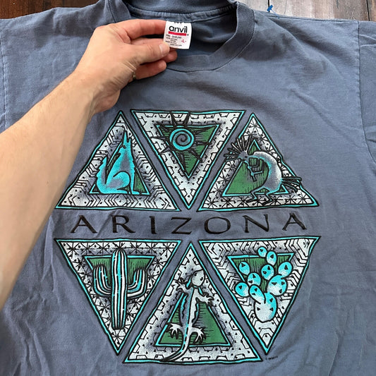 Arizona Anvil 90s Vintage T Shirt City Phoenix Travel USA Large Blue Lizard Sun