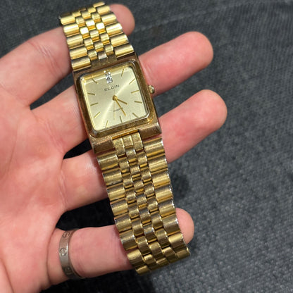 Ladies ELGIN Classic Gold Tone Petite Dress/Casual Bracelet Watch VTG Square