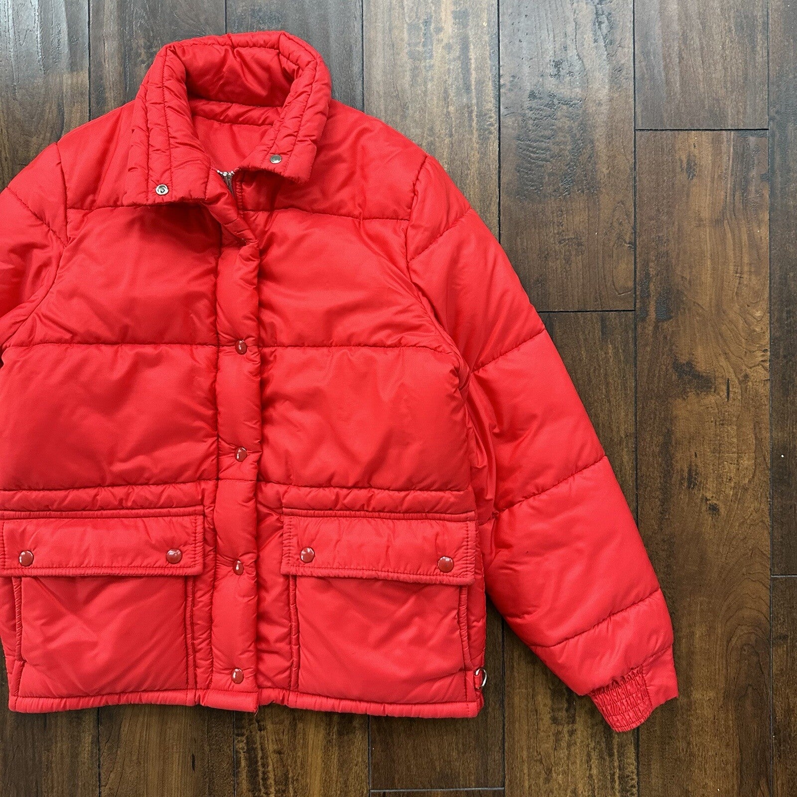 Vintage 60s Red Down Insulated Quilted Puffer Jacket M 1960s 70s Rockabilly
