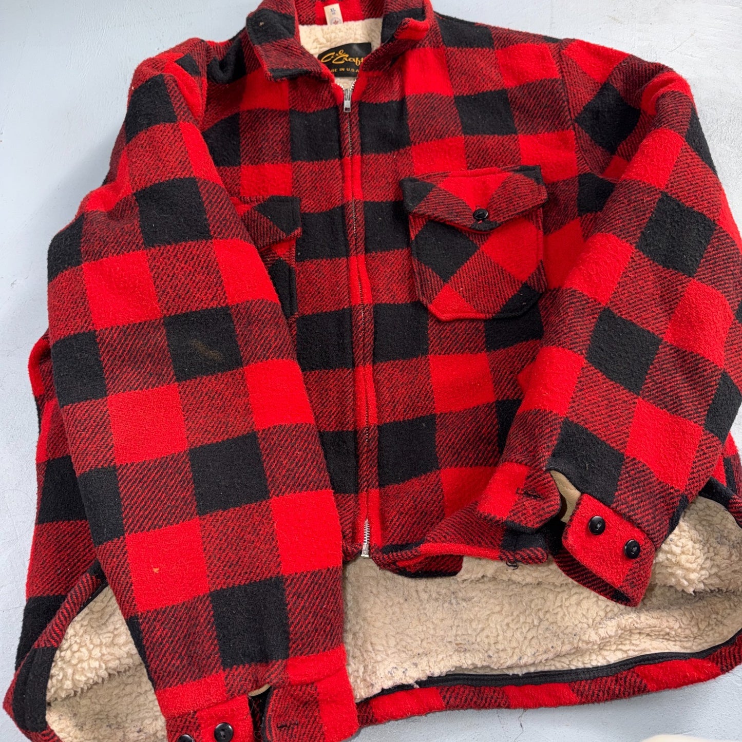 Vtg 80s CAL CRAFT USA Men’s L Red Black Buffalo Plaid Wool Sherpa Hunting Jacket