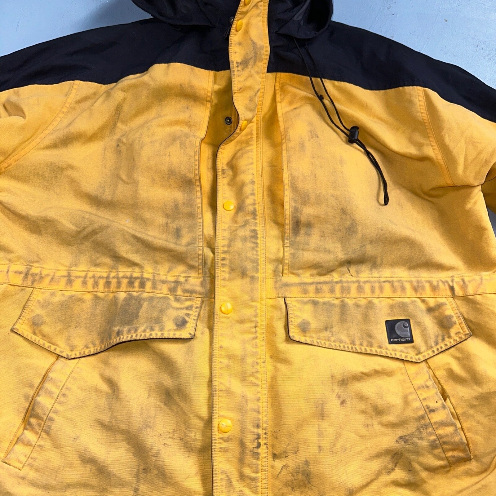 Carhartt C48 YLW Workwear Jacket Stains Mesh Lined Full Zip Hooded XL Yellow