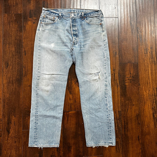 VTG 90s Levis 501 Button Fly 38x33 USA Tag Jeans Straight Wash Blue XX Act 34x28