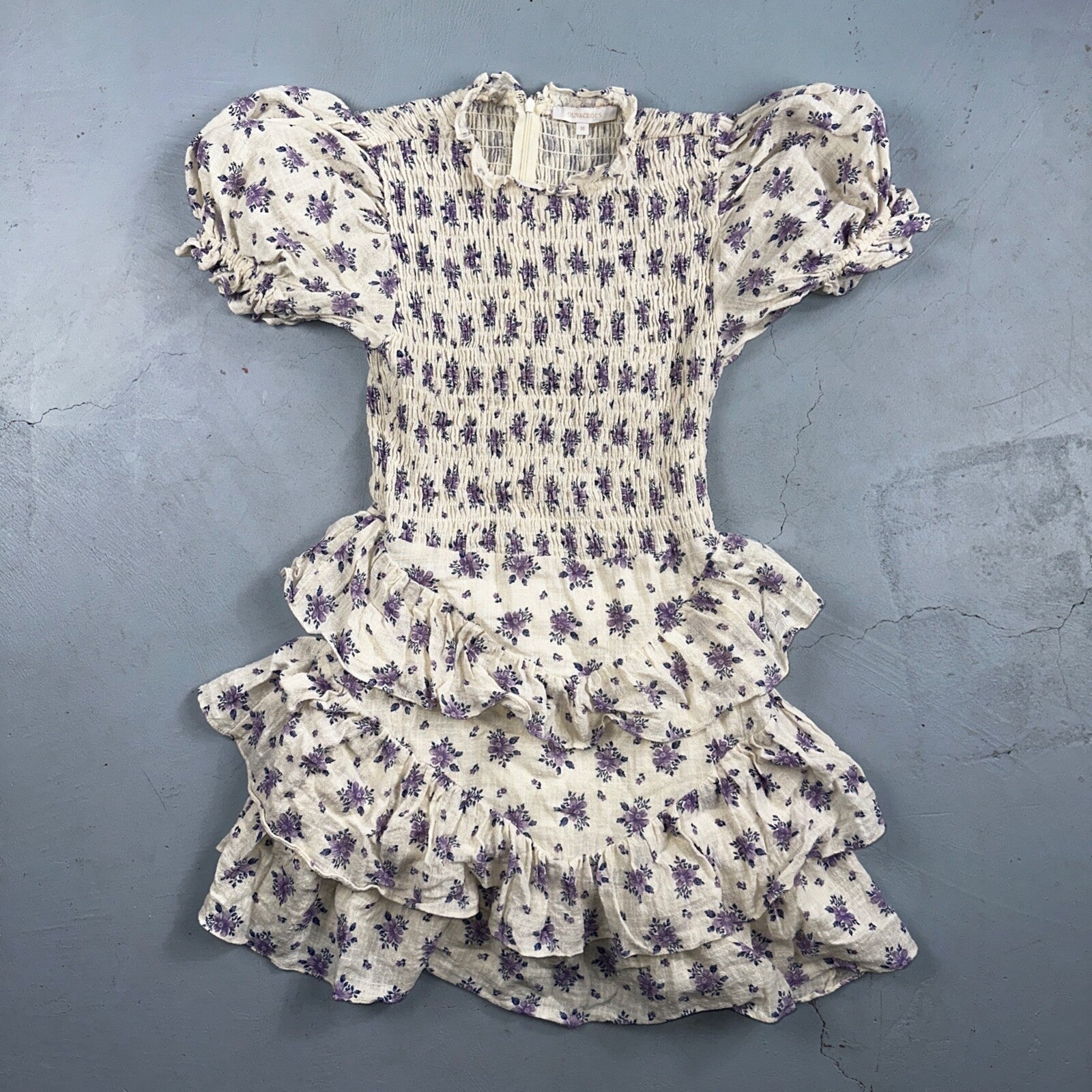 Olivaceous Medium Chiffon Tiered Babydoll Dress White Short Sleeve Floral