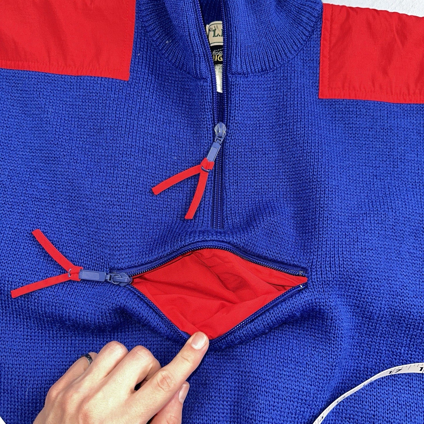 LL Bean VTG Sweater Mens Size M Red Blue Wool Blend High Trek Colorblock 80s